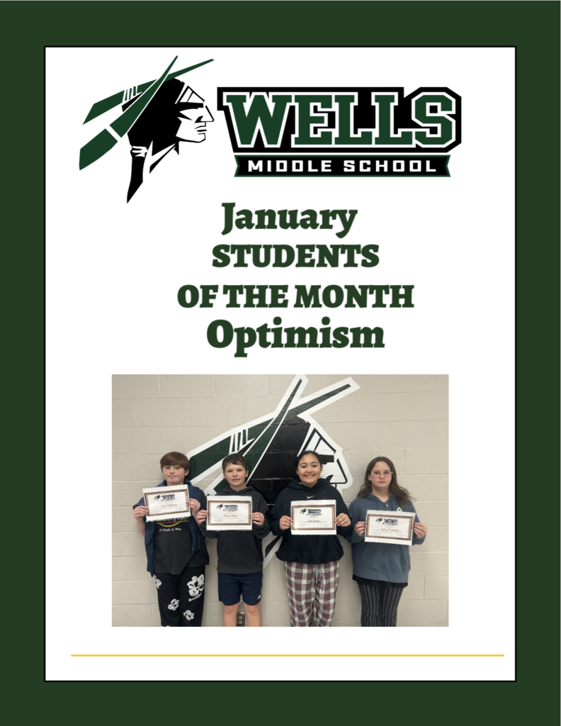 green and white backdrop with Catoosa Indian Head Wells Middle School January Students of the Month Optimism. 4 kids pose with awards
