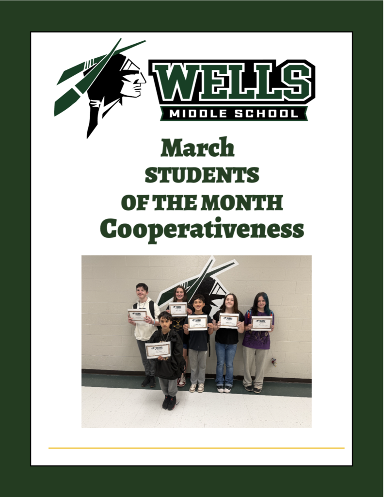 Catoosa Indian Head with Wells Middle School November Student of the Month With students posing with certificates.