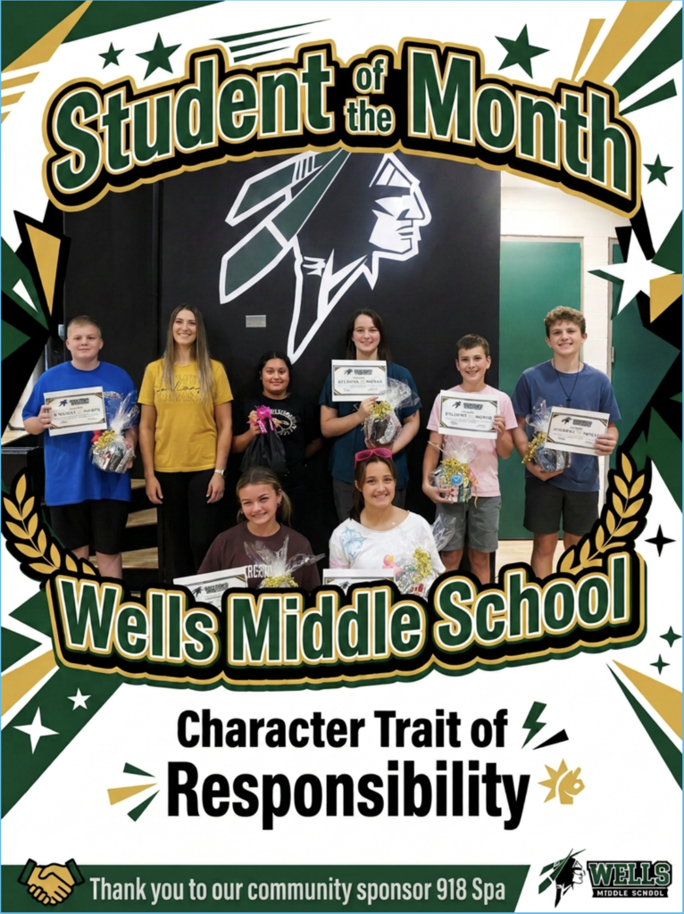 Wells Middle School Students of the Month pose with certificates, honored for the character trait of Responsibility.