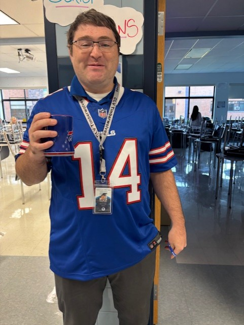 Staff member in Bills gear.