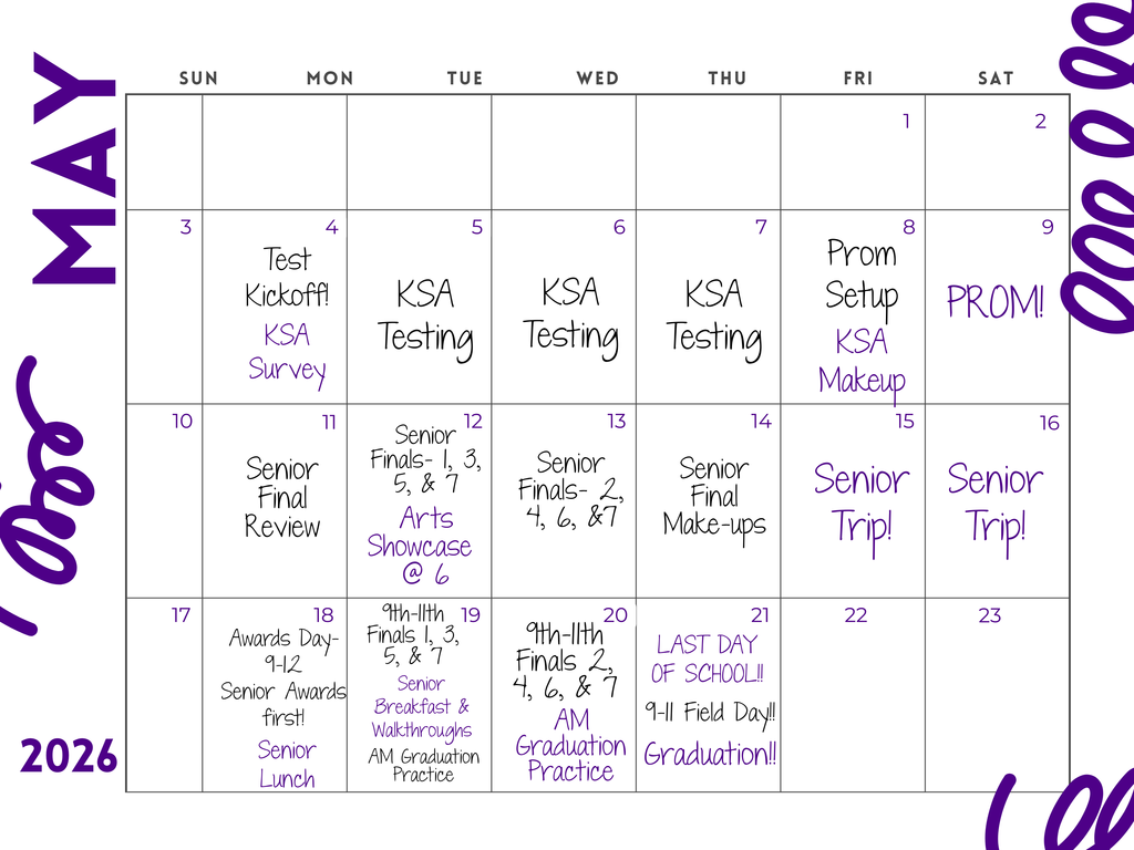 May Calendar for end of the year activities