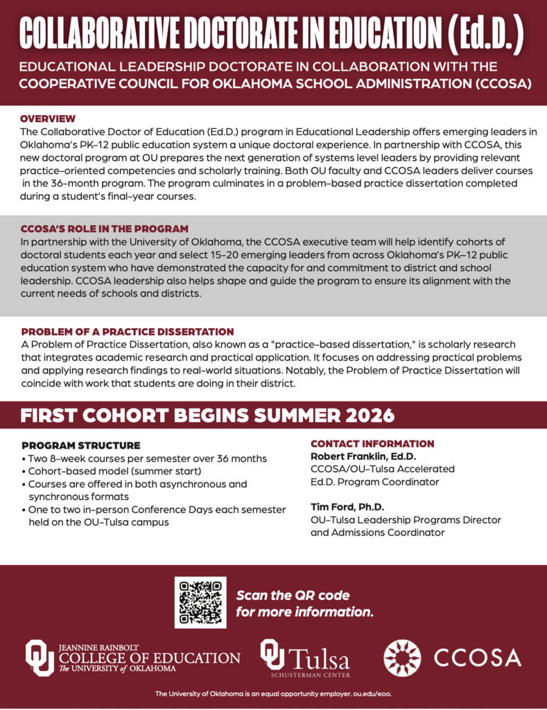 OU + CCOSA Collaborative Doctorate of Education in Educational Leadership Flyer. Apply at https://www.ou.edu/tulsa/education/Eded1