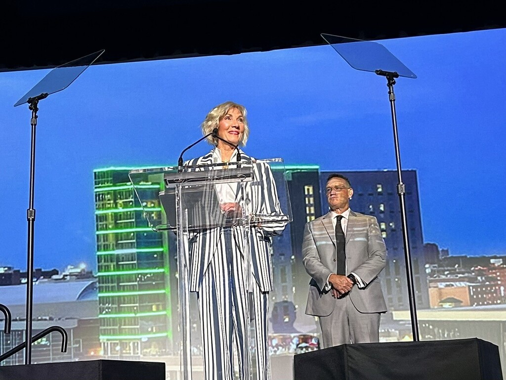 Dr. Pam Deering and Dr. Shawn Hime on stage at the OSSBA/CCOSA Conference