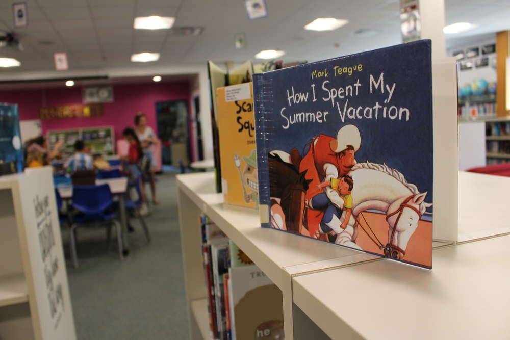 Books on a shelf in the Arbor View library