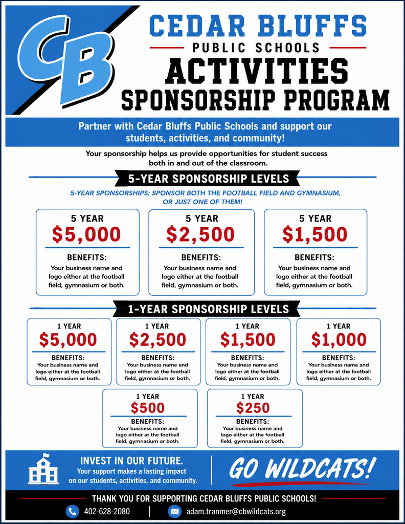 Advertisement for activities sponsorship program. Sponsorship levels include a 5-year level with $5,000, $2,500, and $1,500 tiers, and a 1-year sponsorship level with  $5,000, $2,500, and $1,500, $1,000, $500, and $250 tiers.