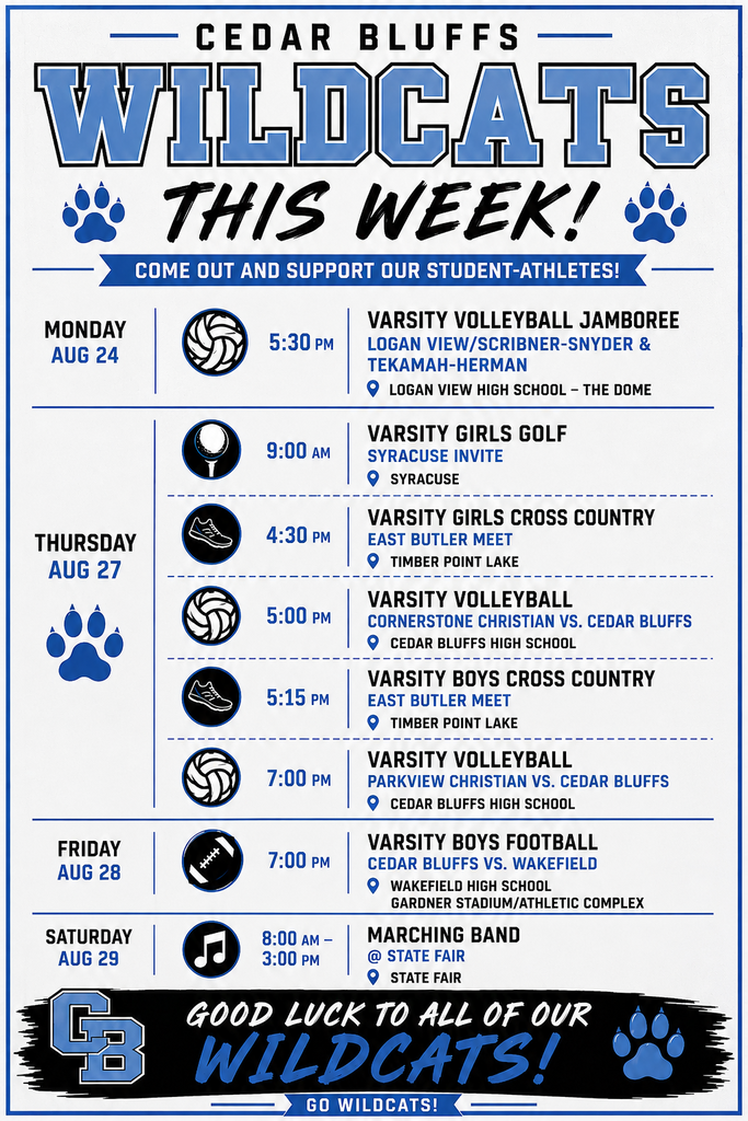 Weekly schedule for CBHS atheltics