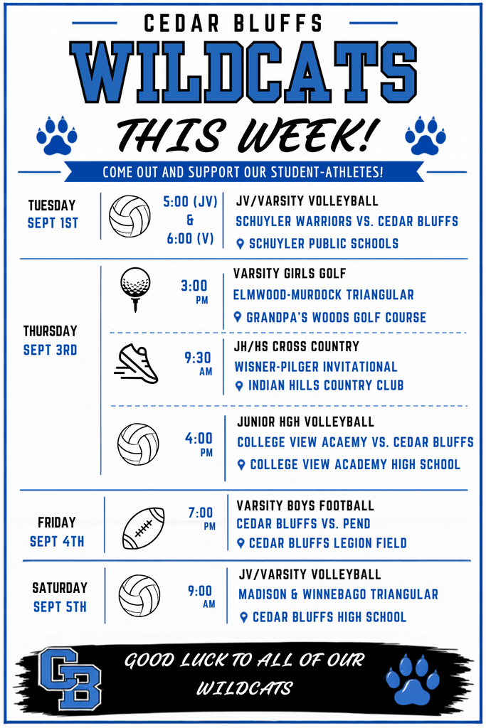 Activity schedule for week of August 31, 2026