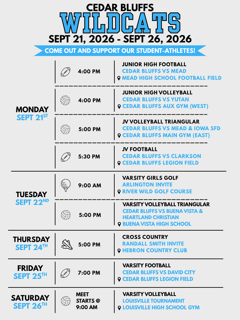 Cedar Bluffs Weekly Athletic Schedule - September 21, 2026 - September 26, 2026