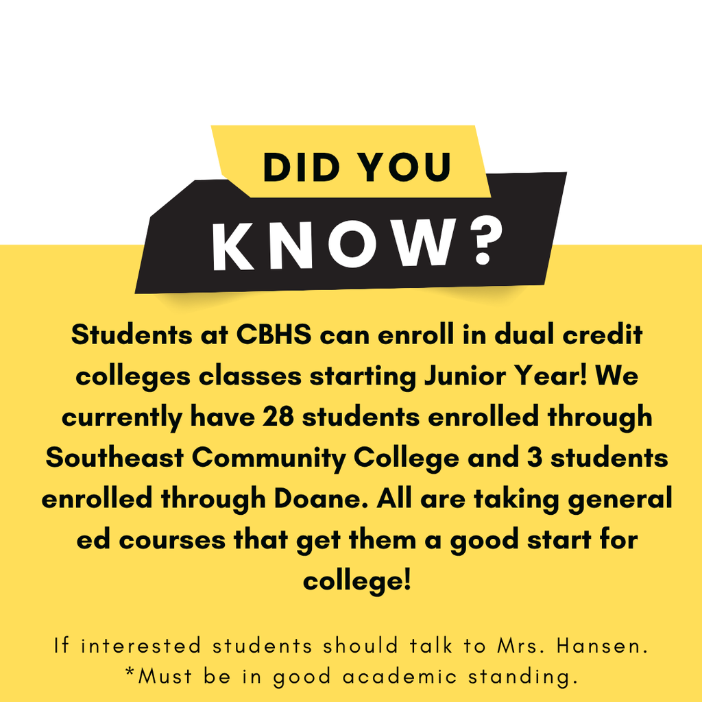 Cedar Bluffs High School students can enroll in dual credit college courses starting Junior year