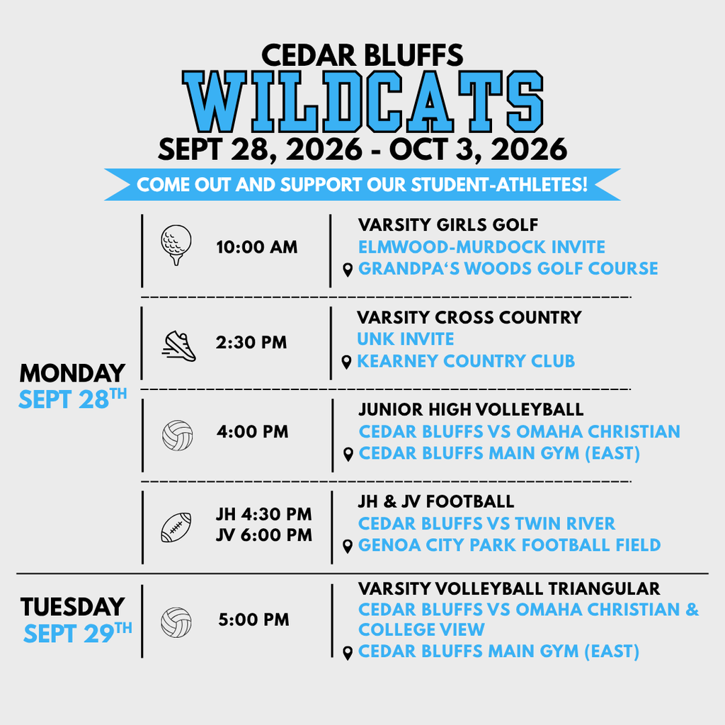 Cedar Bluffs Athletics Weekly Schedule 9/28-10/3