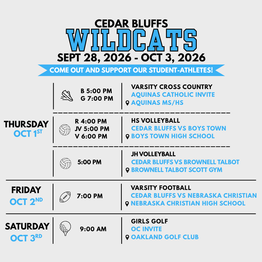 Cedar Bluffs Athletics Weekly Schedule 9/28-10/3