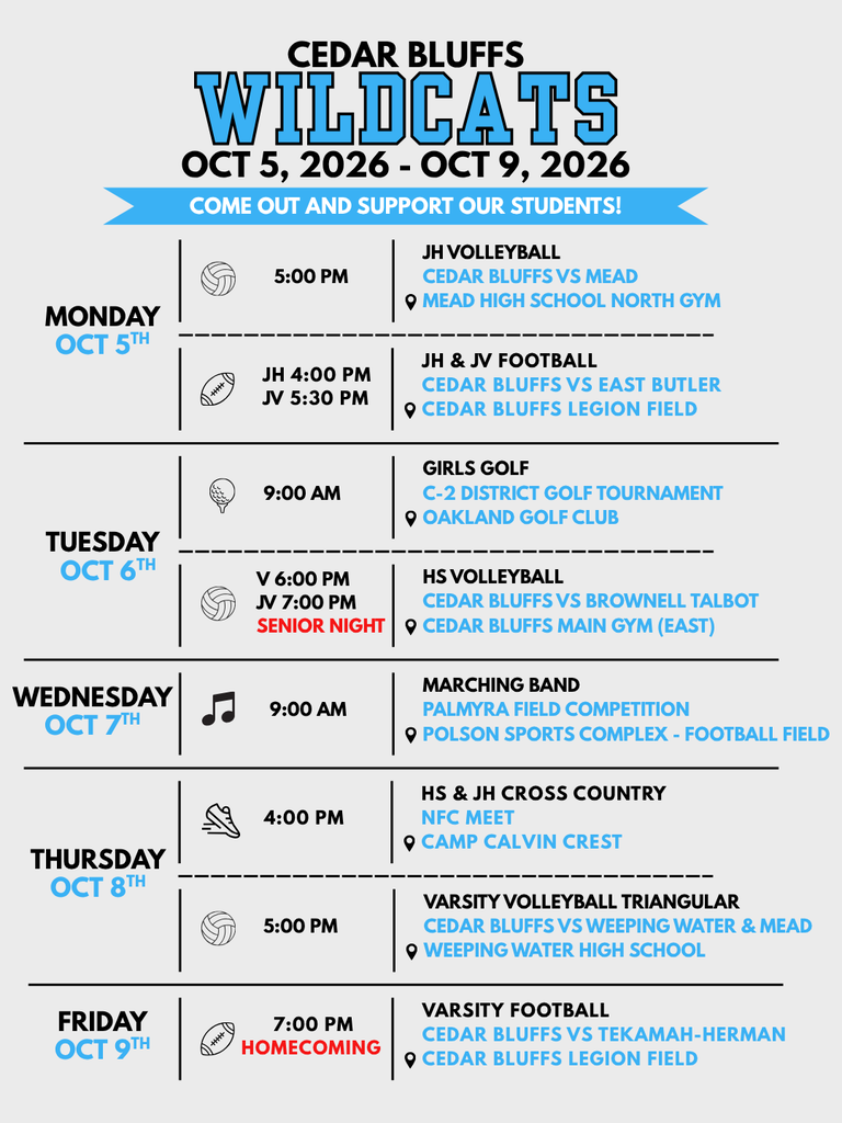 Weekly activity schedule October 5 - October 9, 2026