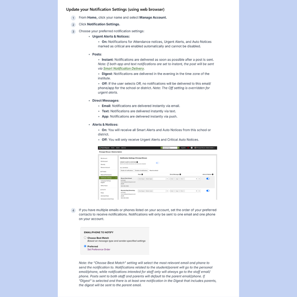 How to update ParentSquare notifications via web browser