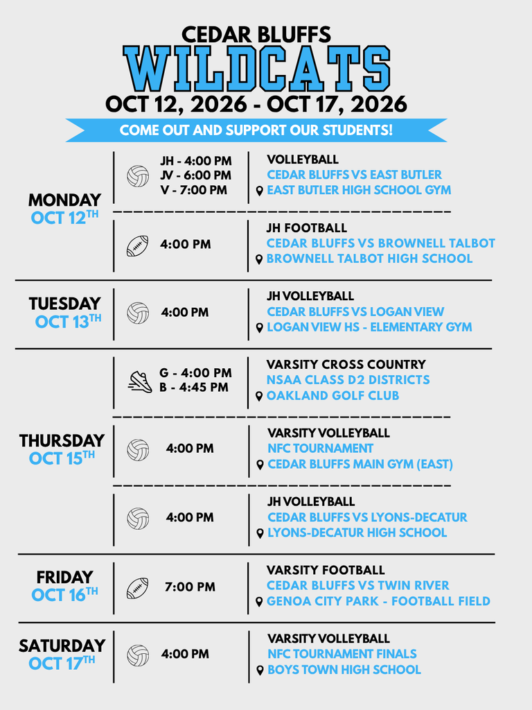 Weekly athletic schedule October 12 - October 17 2026