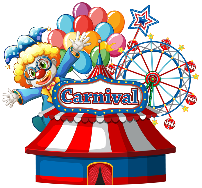 Carnival tent, balloons, clown