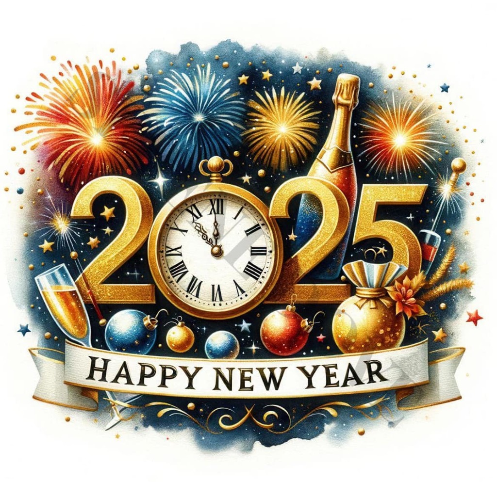 Happy New Year Graphic with fire works and a clock