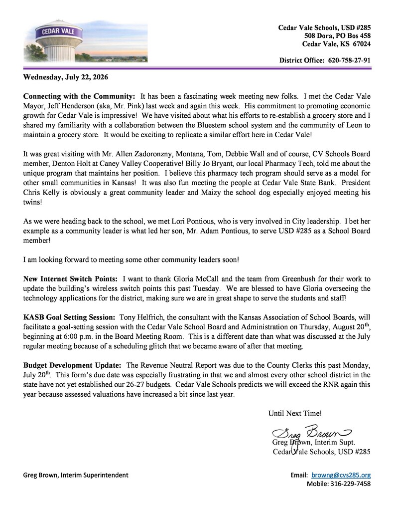 July 22, 2026 Supt. Weekly Update