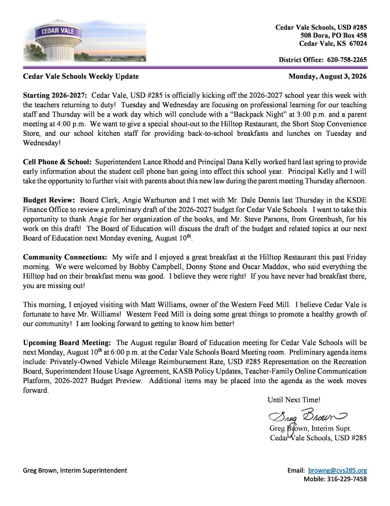 August 3, 2026 Cedar Vale Schools Supt. Update