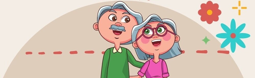 Cartoon photo of 2 people with gray hair
