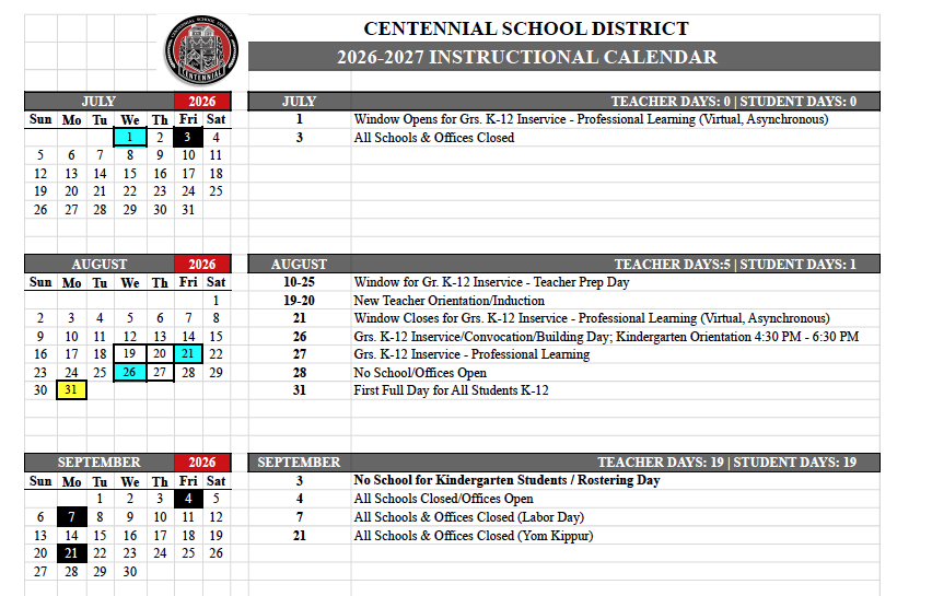 2026-2027 Academic Calendar is Now Available! | Centennial ...