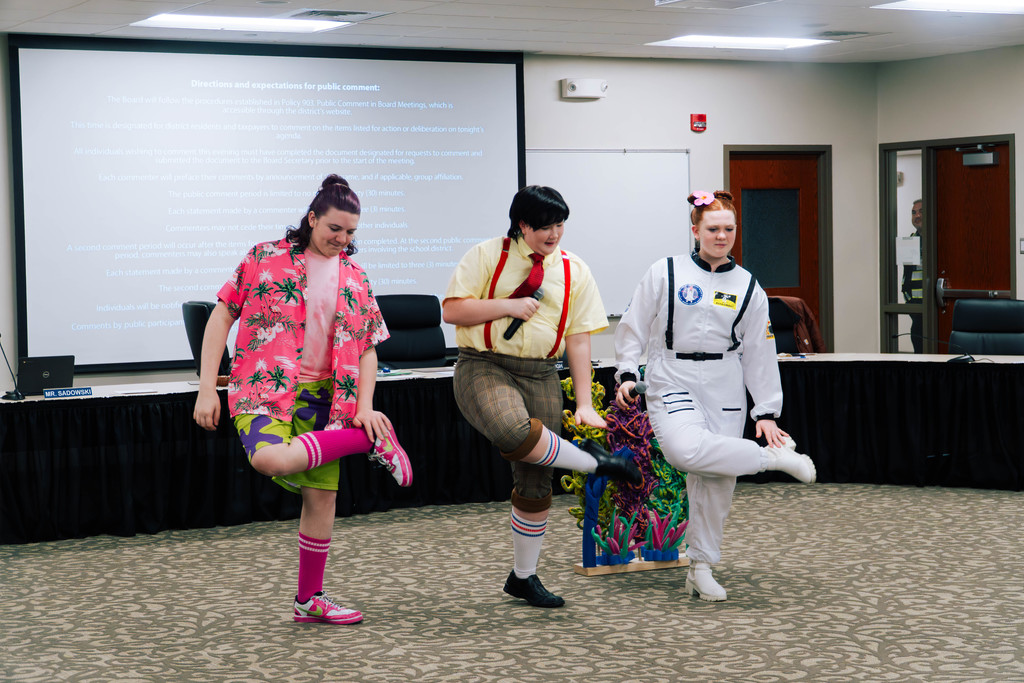 Log College students performing their Spongebob musical routine at the CSD board meeting