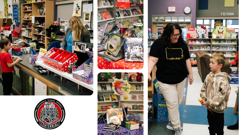 Collage of Centennial students and staff participating in the Scholastic Book Fair at the Centennnial School District 