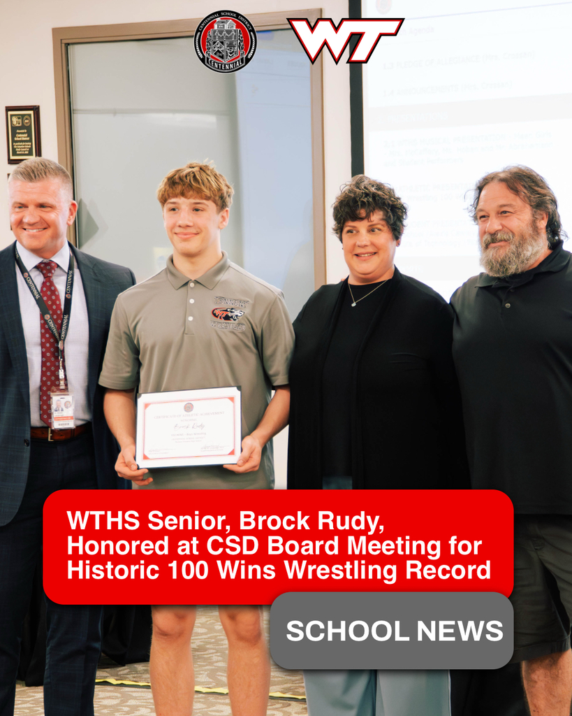 WTHS Senior Brock Rudy being honored at the recent CSD board meeting for a historic 100 win wrestling record