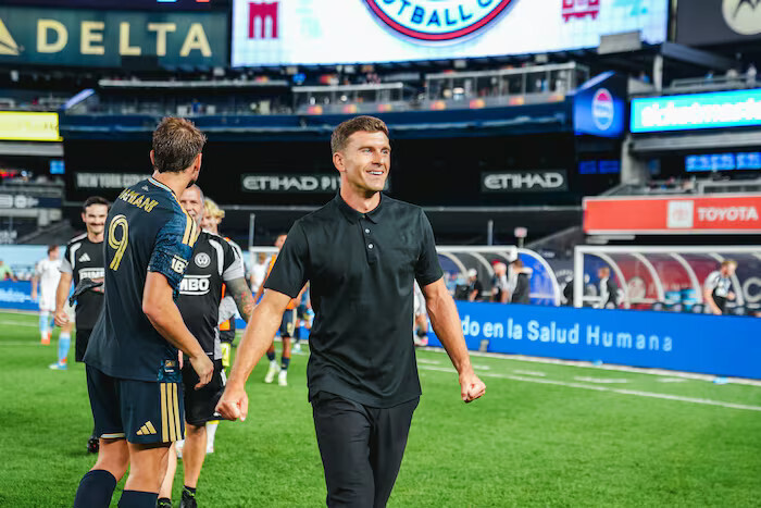 Union interim manager Ryan Richter (center), who hails from Bucks County, has led the Union to a 10-game unbeaten streak and has the club in a feverish playoff race in Major League Soccer.