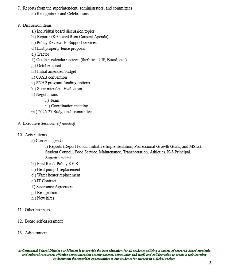 Board Meeting Agenda page 2