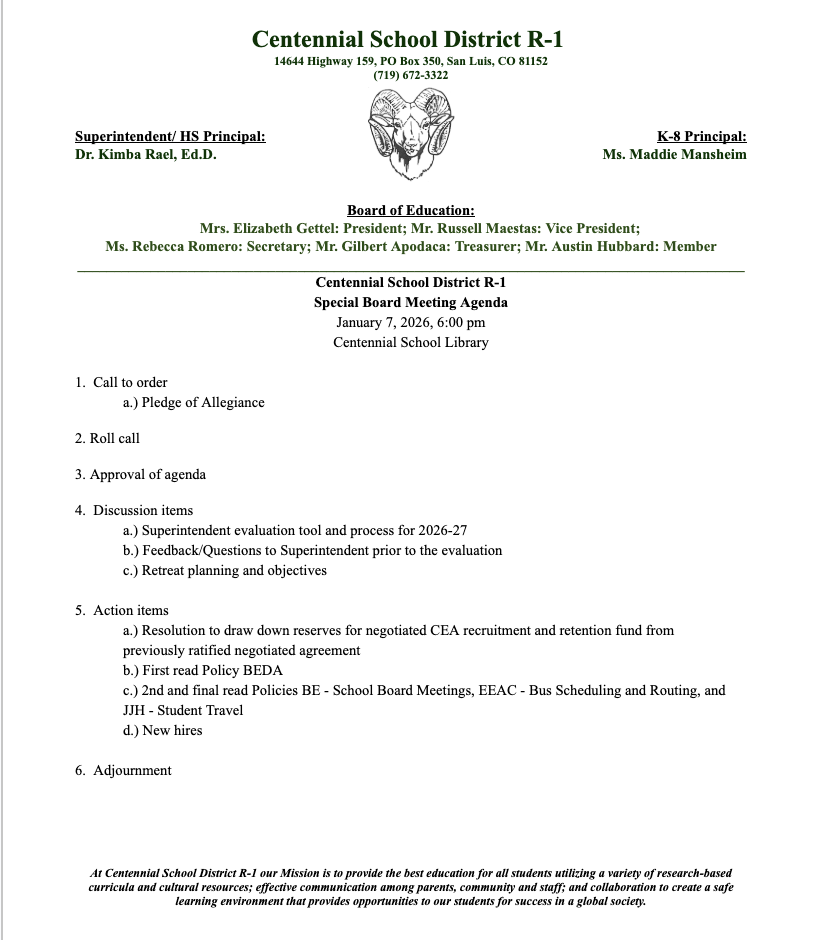 Special Meeting Agenda
