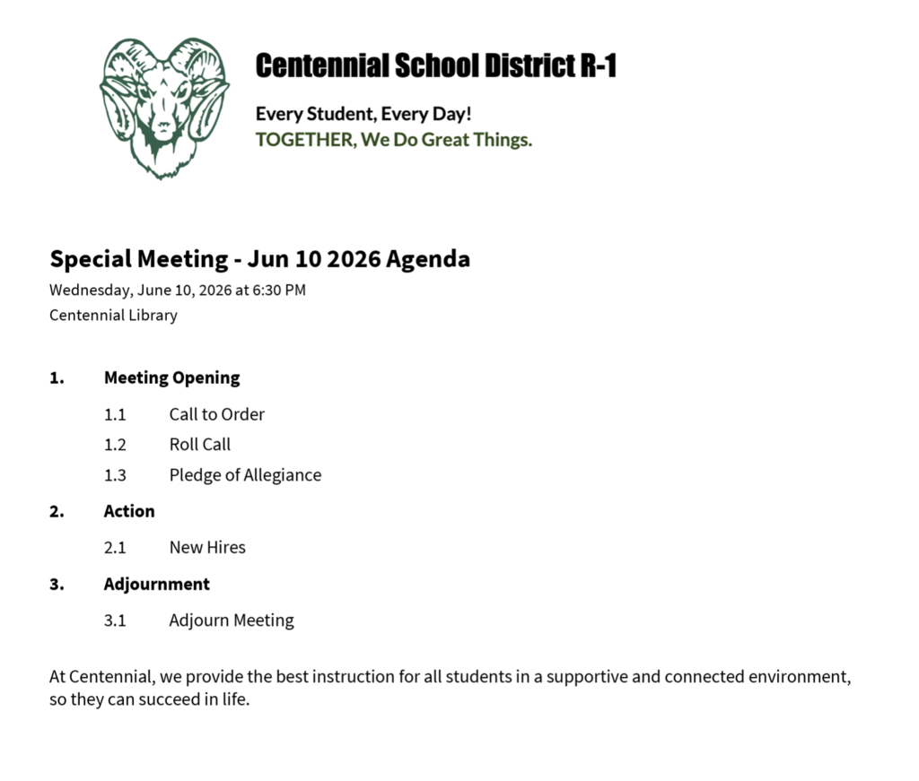 Special Meeting Agenda: June 10, 2026