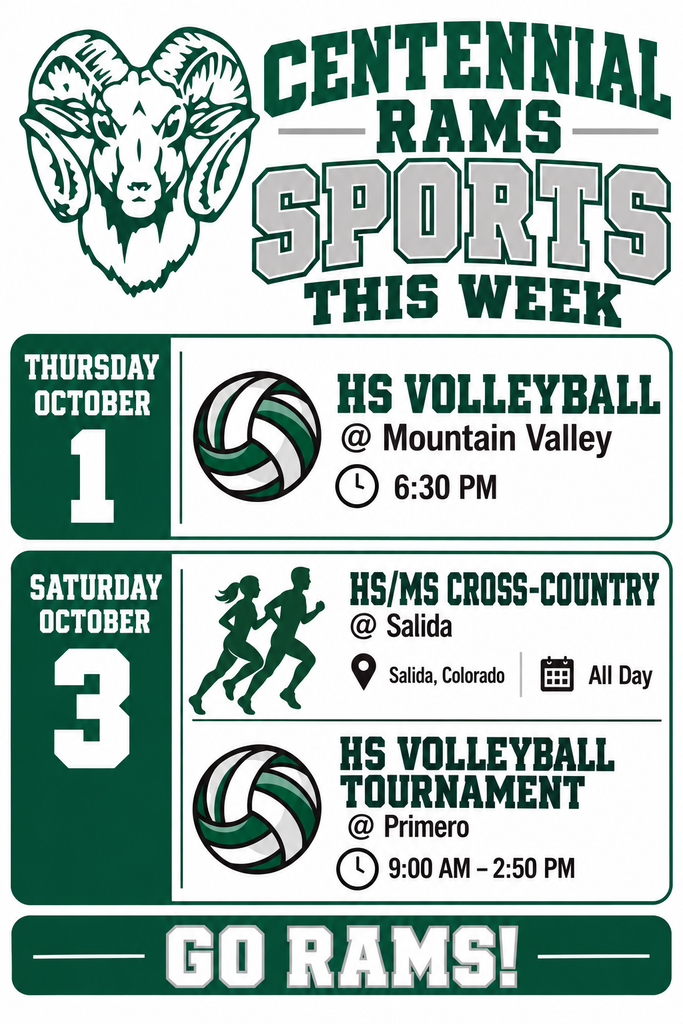 It’s another great week to support our Centennial Rams student-athletes! Come out, cheer loud, and show your Ram pride!