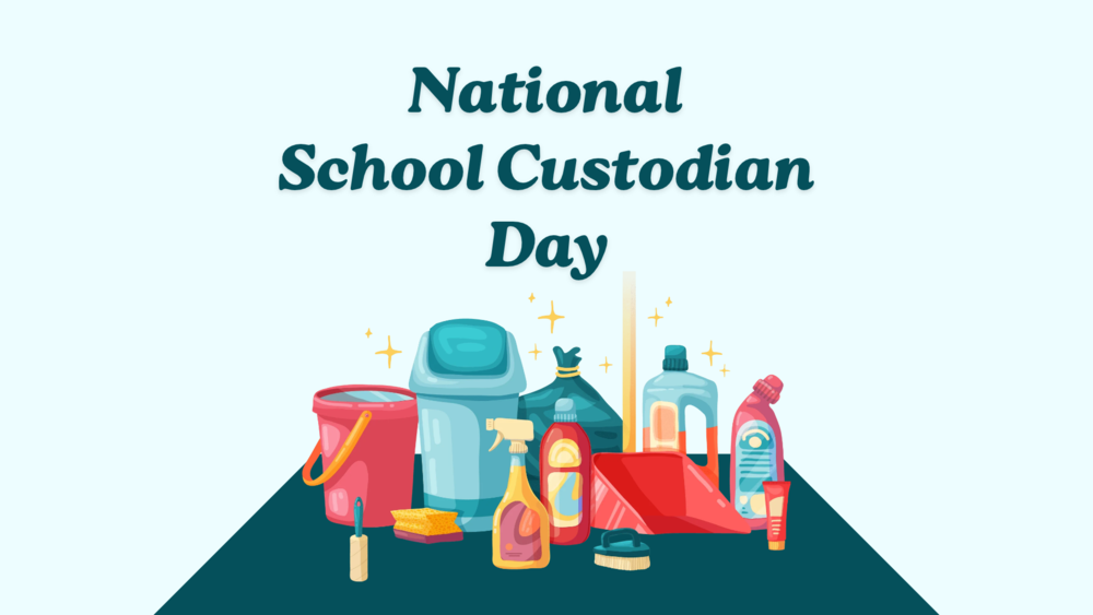 A graphic celebrating National School Custodian Day featuring colorful cleaning supplies and tools on a dark surface.