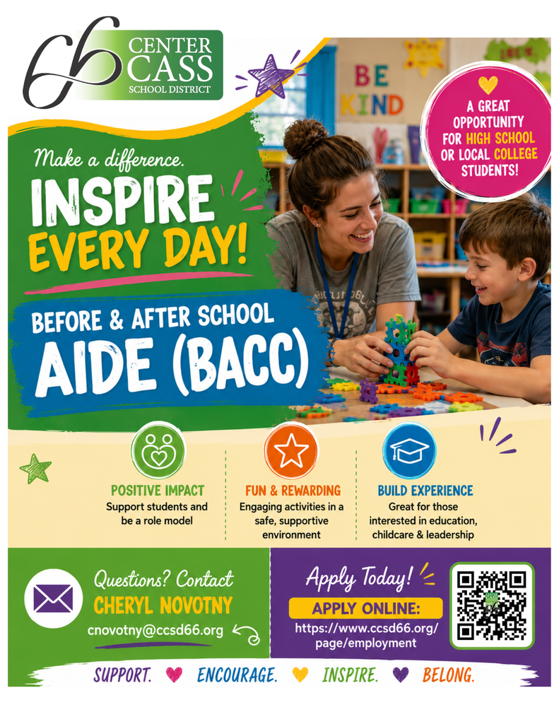 colorful flyer looking for BACC aide