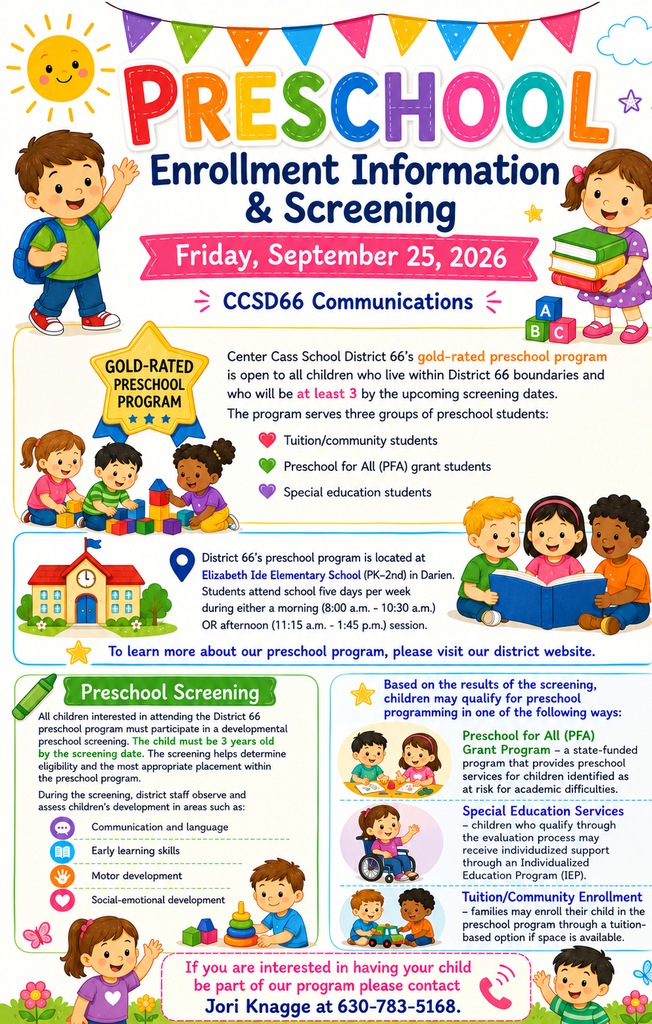 A colorful flyer for preschool enrollment, featuring children learning, playing, and reading, with key dates and district information.