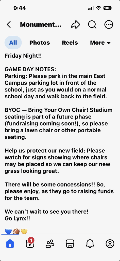 post from Monument Academy about the football game 8/28