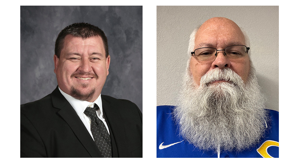 Headshot of man in black suit, white collared shirt, and tie smiling, next to photo of man with gray beard and glasses in a Center polo shirt.