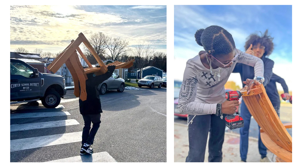 First photo: Center High School student carries a hand built adirondack chair on their back. Second photo: CHS student drills a screw into the back of an adirondack chair.