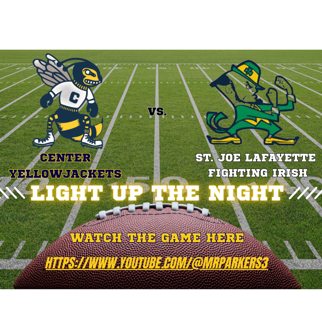 Photo of a football field with Yellowjacket logo and Fighting Irish logo.