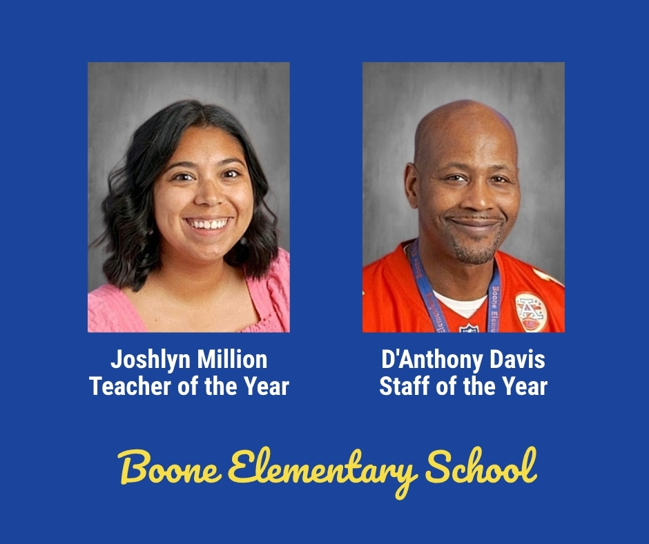 Headshots of Boone Elementary School Teacher of the Year Joshlyn Million and Staff of the Year D'Anthony Davis.