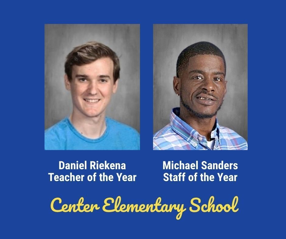Headshots of Center Elementary School Teacher of the Year Daniel Riekena and Staff of the Year Michael Sanders.