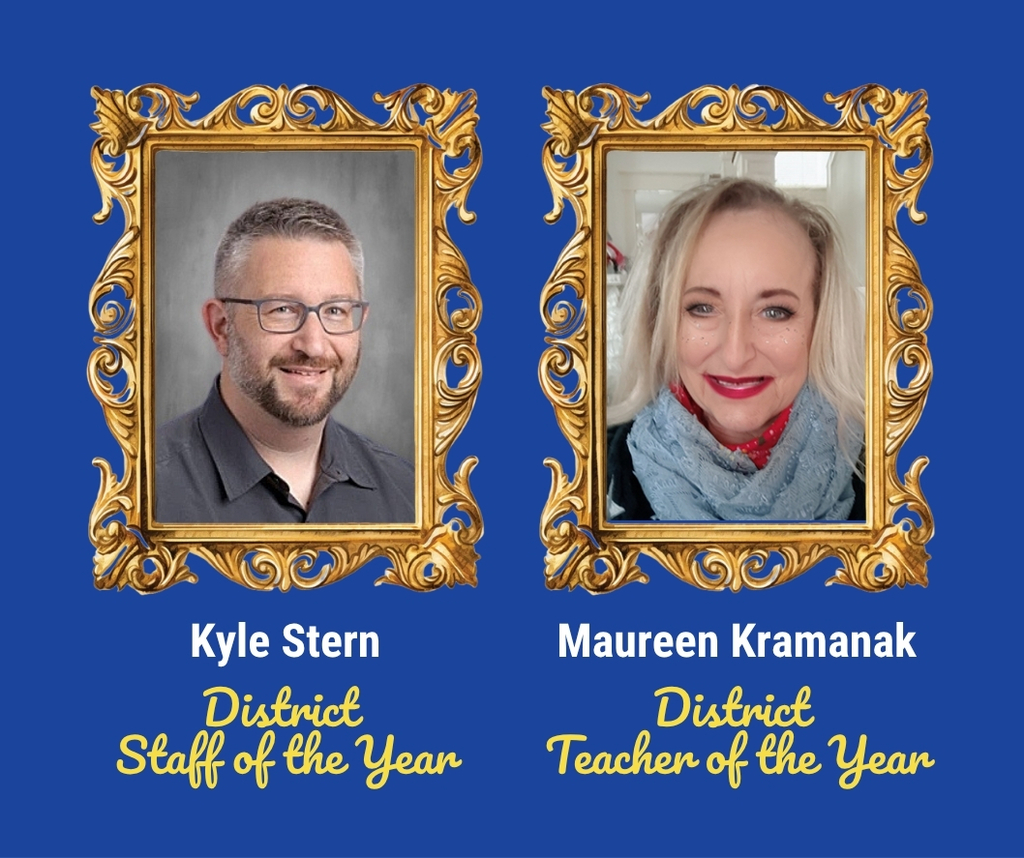 Headshots of Kyle Stern, Staff of the Year, and Maureen Kramanak, Teacher of the Year.