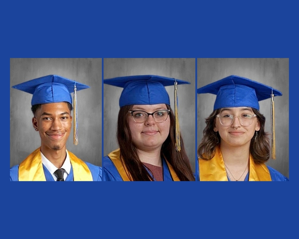 Headshots of three students in their blue cap and gown.