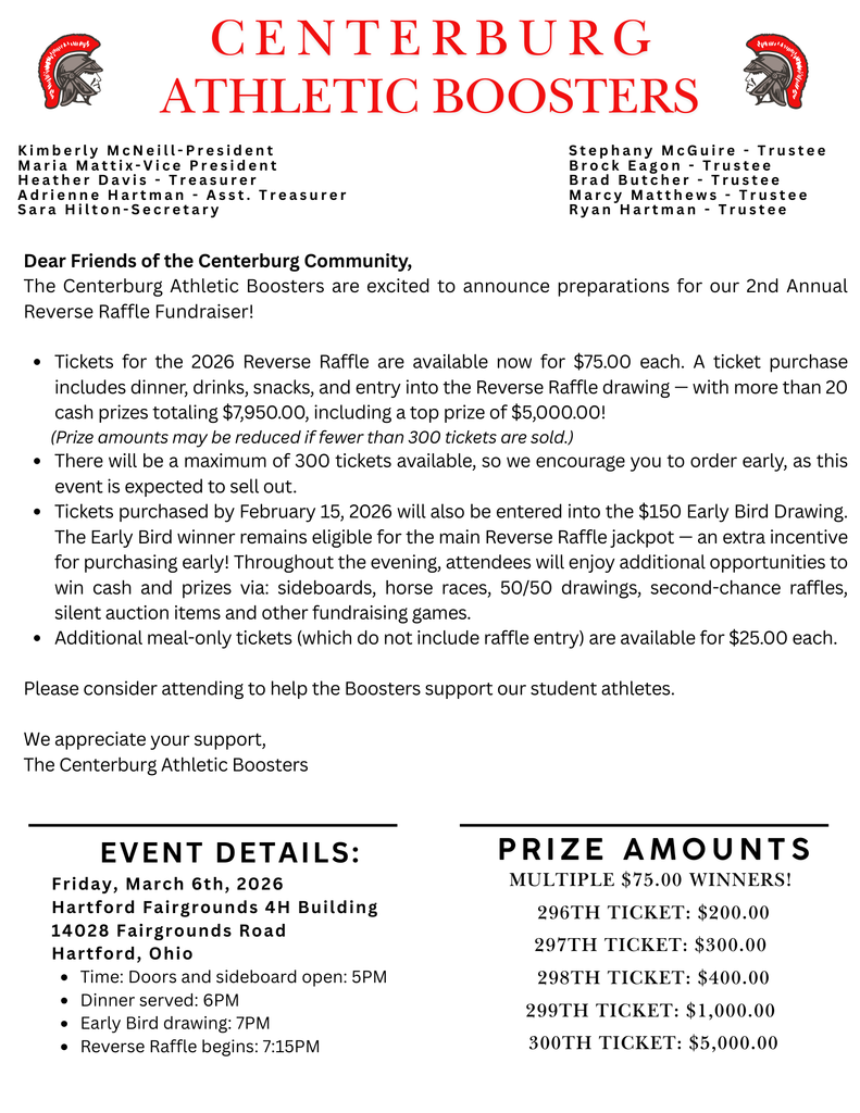 Centerburg Athletic Boosters Reverse Raffle Info