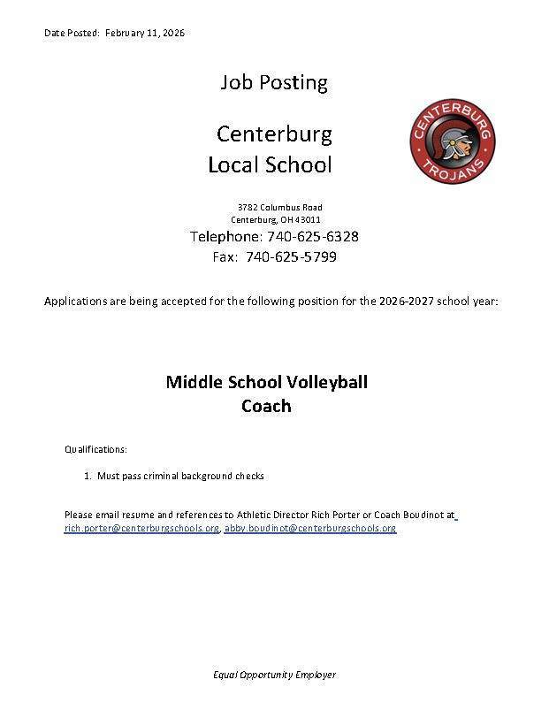 Coaching position available for Middle School Volleyball