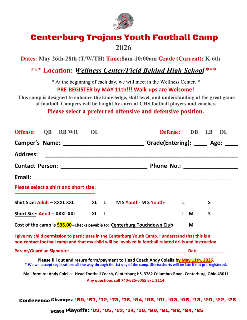 Centerburg Youth Football Camp Info 