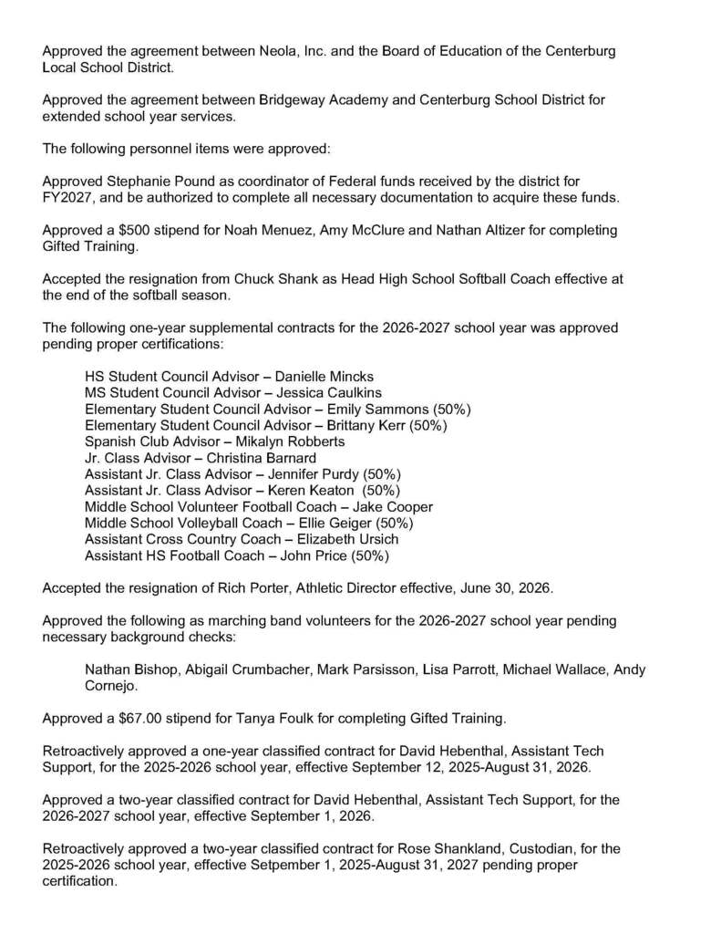 Centerburg June School Board Minutes