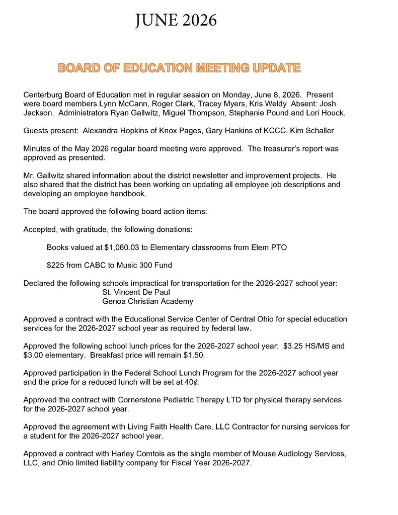 Centerburg June School Board Minutes