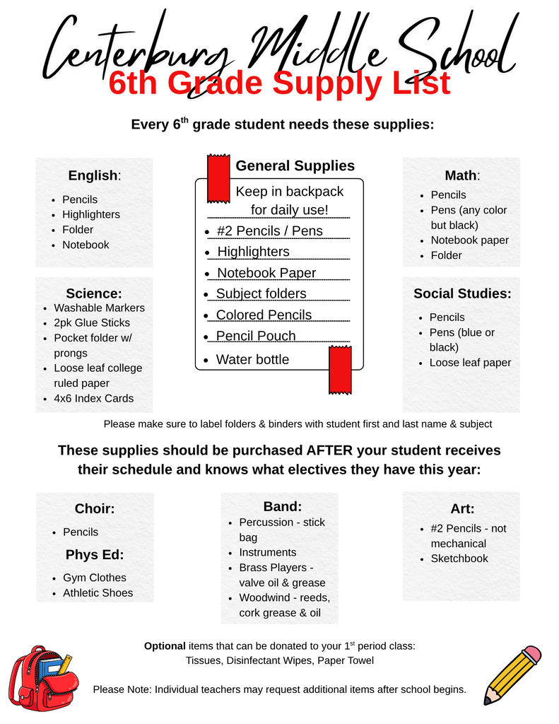 6th Grade Supply List