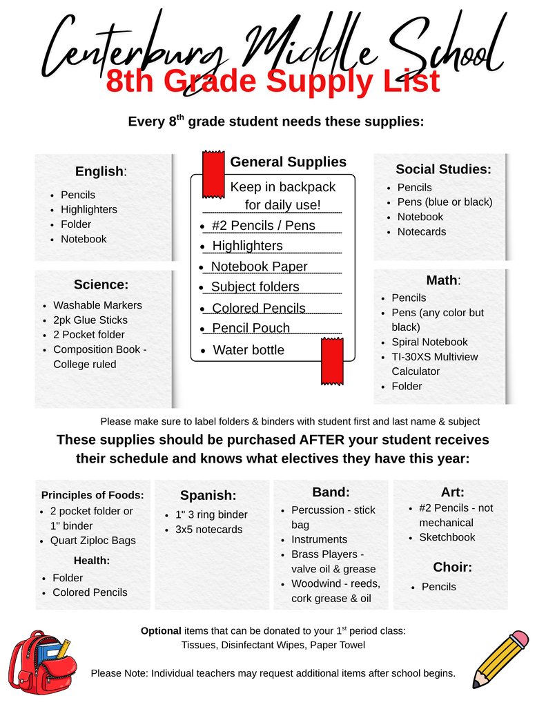 8th Grade Supply List